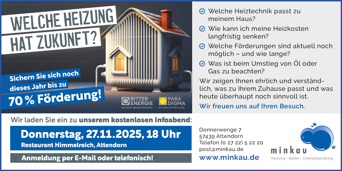 Welche Heizung hat Zukunft? Kostenloser Minkau Infoabend: Donnerstag, 27.11.2025